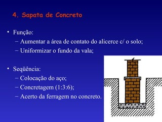 • Função:
– Aumentar a área de contato do alicerce c/ o solo;
– Uniformizar o fundo da vala;
• Seqüência:
– Colocação do aço;
– Concretagem (1:3:6);
– Acerto da ferragem no concreto.
4. Sapata de Concreto
 