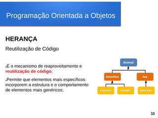 HERANÇA
Reutilização de Código
●É o mecanismo de reaproveitamento e
reutilização de código;
●Permite que elementos mais específicos
incorporem a estrutura e o comportamento
de elementos mais genéricos;
Programação Orientada a Objetos
33
 