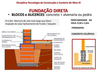FUNDAÇÃO DIRETA
• BLOCOS e ALICERCES: concreto + alvenaria ou pedra
H<1,0m Abertura de vala mais larga que bloco
Inspeção da vala/ Apiloamento do Fundo / Soquete
PROFUNDIDADE DA
VALA: 0,50 a 1,0m
FERRAGENS:
CONCRETO CICLÓPICO:
Disciplina Tecnologia da Construção e Canteiro de Obra III
 