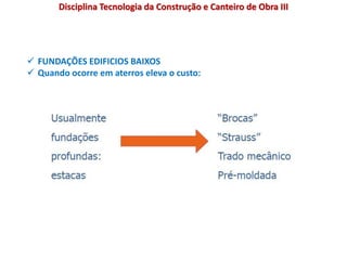  FUNDAÇÕES EDIFICIOS BAIXOS
 Quando ocorre em aterros eleva o custo:
Disciplina Tecnologia da Construção e Canteiro de Obra III
 