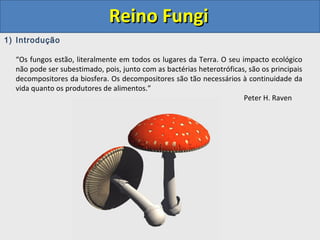 Reino FungiReino Fungi
1) Introdução
“Os fungos estão, literalmente em todos os lugares da Terra. O seu impacto ecológico
não pode ser subestimado, pois, junto com as bactérias heterotróficas, são os principais
decompositores da biosfera. Os decompositores são tão necessários à continuidade da
vida quanto os produtores de alimentos.”
Peter H. Raven
 