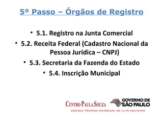 5º Passo – Órgãos de Registro 5.1. Registro na Junta Comercial 5.2. Receita Federal (Cadastro Nacional da Pessoa Jurídica – CNPJ) 5.3. Secretaria da Fazenda do Estado 5.4. Inscrição Municipal 