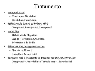 Tratamento
• Antagonistas H2
– Cimetidina, Nizatidina
– Ranitidina, Famotidina
• Inibidores da Bomba de Prótons (H+)
– Omeprazol, Pantoprazol, Lansoprazol
• Antiácidos
– Hidróxido de Magnésio
– Gel de Hidróxido de Alumínio
– Bicarbonato de Sódio
• Fármacos que protegem a mucosa
– Quelato de Bismuto
– Sucralfato, Misoprostol
• Fármacos para o tratamento da Infecção por Helicobacter pylori
– Omeprazol + Amoxicilina (Tetraciclina) + Metronidazol
 