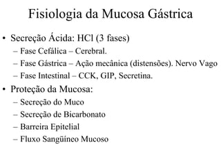 Fisiologia da Mucosa Gástrica
• Secreção Ácida: HCl (3 fases)
– Fase Cefálica – Cerebral.
– Fase Gástrica – Ação mecânica (distensões). Nervo Vago
– Fase Intestinal – CCK, GIP, Secretina.
• Proteção da Mucosa:
– Secreção do Muco
– Secreção de Bicarbonato
– Barreira Epitelial
– Fluxo Sangüíneo Mucoso
 