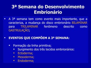 3ª Semana do Desenvolvimento
                Embrionário
   A 3ª semana tem como evento mais importante, que a
    caracteriza, a mudança do disco embrionário BILAMINAR
    para     TRILAMINAR     fenômeno      descrito   como
    GASTRULAÇÃO;

   EVENTOS QUE COMPÕEM A 3ª SEMANA:

       Formação da linha primitiva;
         Surgimento dos três tecidos embrionários:
         Ectoderma;
         Mesoderma;
         Endoderma;
 