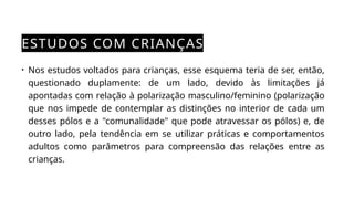 ESTUDOS COM CRIANÇAS
• Nos estudos voltados para crianças, esse esquema teria de ser, então,
questionado duplamente: de um lado, devido às limitações já
apontadas com relação à polarização masculino/feminino (polarização
que nos impede de contemplar as distinções no interior de cada um
desses pólos e a "comunalidade" que pode atravessar os pólos) e, de
outro lado, pela tendência em se utilizar práticas e comportamentos
adultos como parâmetros para compreensão das relações entre as
crianças.
 