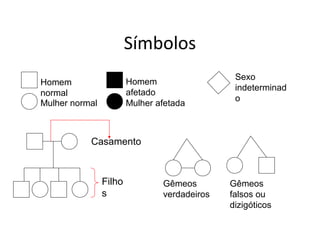 Símbolos
Homem
normal
Mulher normal
Homem
afetado
Mulher afetada
Casamento
Filho
s
Sexo
indeterminad
o
Gêmeos
verdadeiros
Gêmeos
falsos ou
dizigóticos
 