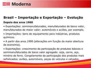 Depois dos anos 1960 Exportações: semimanufaturados, manufaturados de baixo valor, manufaturados de maior valor: automóveis e aviões, por exemplo. Importações: bens de equipamento para indústrias, produtos químicos. A partir dos anos 1990 (alterações em função da maior abertura da economia). Exportações: crescimento da participação de produtos básicos e semimanufaturados de baixo valor agregado: soja, carne, aço, minério de ferro. Congelamento da participação dos produtos mais sofisticados: aviões, automóveis, peças de veículos e calçados.  Brasil – Importação e Exportação – Evolução  