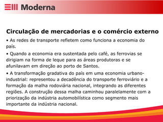 Circulação de mercadorias e o comércio externo  As redes de transporte refletem como funciona a economia do país. Quando a economia era sustentada pelo café, as ferrovias se dirigiam na forma de leque para as áreas produtoras e se afunilavam em direção ao porto de Santos. A transformação gradativa do país em uma economia urbano-industrial: representou a decadência do transporte ferroviário e a formação da malha rodoviária nacional, integrando as diferentes regiões. A construção dessa malha caminhou paralelamente com a priorização da indústria automobilística como segmento mais importante da indústria nacional. 
