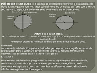Data  globais  ou  absolutos     a posição do elipsóide de referência é estabelecida de modo a, tanto quanto possível, fazer coincidir o centro de massa da Terra com o centro geométrico do elipsóide e o eixo da Terra com o eixo menor do elipsóide.   Ponto de fixação Eixo da Terra Eixo da Terra Datum  local e  datum  global. No primeiro (à esquerda) procura-se fazer-coincidir o geóide com o elipsóide nas vizinhanças do ponto de fixação. No segundo procura-se minimizar as diferenças entre ambos em todo o globo.   Datum  local   normalmente estabelecidos pelas autoridades geodésicas ou cartográficas nacionais;   são utilizados para a cobertura geodésica de países ou regiões, minimizando localmente as distâncias entre o elipsóide e o geóide.   Datum  global   normalmente estabelecidos por grandes países ou organizações supranacionais, destinam-se a servir de suporte a sistemas geodésicos, cartográficos ou de posicionamento globais e procuram minimizar as diferenças entre o elipsóide de referência e o geóide, em todo o globo;   Ponto de fixação Eixo do Elipsóide 