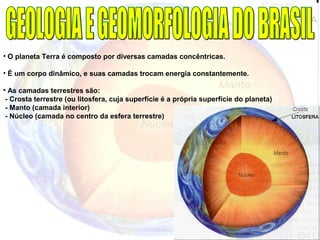 • O planeta Terra é composto por diversas camadas concêntricas.
• É um corpo dinâmico, e suas camadas trocam energia constantemente.
• As camadas terrestres são:
- Crosta terrestre (ou litosfera, cuja superfície é a própria superfície do planeta)
- Manto (camada interior)
- Núcleo (camada no centro da esfera terrestre)
 