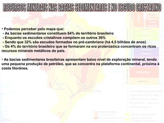 • Podemos perceber pelo mapa que:
- As bacias sedimentares constituem 64% do território brasileiro
- Enquanto os escudos cristalinos compõem os outros 36%
- Sendo que 32% são escudos formados no pré-cambriano (há 4,5 bilhões de anos)
- Os 4% do território brasileiro que se formaram na era proterozóica concentram os ricos
recursos minerais metálicos do país.
• As bacias sedimentares brasileiras apresentam baixo nível de exploração mineral, tendo
uma pequena produção de petróleo, que se concentra na plataforma continental, próxima à
costa litorânea.
 