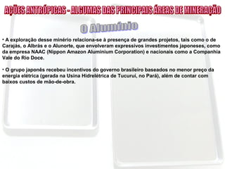 • A exploração desse minério relaciona-se à presença de grandes projetos, tais como o de
Carajás, o Albrás e o Alunorte, que envolveram expressivos investimentos japoneses, como
da empresa NAAC (Nippon Amazon Aluminium Corporation) e nacionais como a Companhia
Vale do Rio Doce.
• O grupo japonês recebeu incentivos do governo brasileiro baseados no menor preço da
energia elétrica (gerada na Usina Hidrelétrica de Tucuruí, no Pará), além de contar com
baixos custos de mão-de-obra.
 