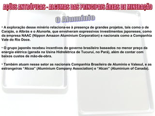 • A exploração desse minério relaciona-se à presença de grandes projetos, tais como o de
Carajás, o Albrás e o Alunorte, que envolveram expressivos investimentos japoneses, como
da empresa NAAC (Nippon Amazon Aluminium Corporation) e nacionais como a Companhia
Vale do Rio Doce.
• O grupo japonês recebeu incentivos do governo brasileiro baseados no menor preço da
energia elétrica (gerada na Usina Hidrelétrica de Tucuruí, no Pará), além de contar com
baixos custos de mão-de-obra.
• Também atuam nesse setor as nacionais Companhia Brasileira de Alumínio e Valesul, e as
estrangeiras “Alcoa” (Aluminium Company Association) e “Alcan” (Aluminium of Canada).
 