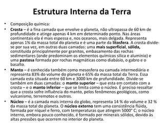 Estrutura Interna da Terra
• Composição química:
• Crosta – é a fina camada que envolve o planeta, não ultrapassa de 60 km de
  profundidade e atinge apenas 4 km em determinado ponto. Nas áreas
  continentais ela é mais espessa e, nos oceanos, mais delgada. Representa
  apenas 1% da massa total do planeta e é uma parte da litosfera. A crosta divide-
  se por sua vez, em outras duas camadas: uma mais superficial, sólida,
  constituída principalmente por granitos, embasamento das rochas
  sedimentares (onde predominam os elementos químicos sílica e alumínio) e
  uma pastosa formada por rochas magmáticas como diabásio, o gabro e o
  basalto.
• Manto – é conhecida também como mesosfera ou camada intermediária e
  representa 83% do volume do planeta e 65% da massa total da Terra. Essa
  camada esta situada entre 60 km e 3000 km de profundidade. Divide-se
  também em duas camadas: o manto superior – que esta em contato com a
  crosta – e o manto inferior – que se limita como o núcleo. É preciso ressaltar
  que a crosta sofre influência do manto, pelos fenômenos geológicos, como
  vulcanismo, terremotos e outros.
• Núcleo – é a camada mais interna do globo, representa 14 % do volume e 32 %
  da massa total do planeta. O núcleo externo tem uma consistência flúida,
  formada por níquel e ferro, com temperaturas que atingem 5000° C; o núcleo
  interno, embora pouco conhecido, é formado por minerais sólidos, devido às
  altas pressões que ocorrem no interior do planeta.
 