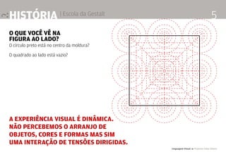 Linguagem Visual 4 Professor Fabio Silveira
5história | Escola da Gestalt
A experiência visual é dinâmica.
Não percebemos o arranjo de
objetos, cores e formas mas sim
uma interação de tensões dirigidas.
O Que você vê na
figura ao lado?
O círculo preto está no centro da moldura?
O quadrado ao lado está vazio?
 