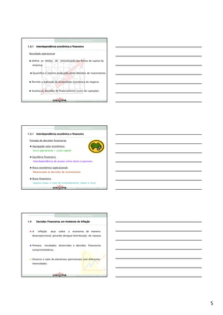 Finanças Corporativas

1.3.1 Interdependência econômica e financeira


 Resultado operacional

      Define os limites de remuneração das fontes de capital da
      empresa.


      Quantifica o retorno produzido pelas decisões de investimento.


      Permite a avaliação da atratividade econômica do negócio.


      Sinaliza as decisões de financiamento (custo de captação).



                                                Finanças Corporativas e Valor – ASSAF
                                                Finanças Corporativas e Valor – ASSAF
                                                Finan




                                           Finanças Corporativas

1.3.1 Interdependência econômica e financeira

 Tomada de decisões financeiras

      Agregação valor econômico:
       lucro operacional > custo capital

      Equilíbrio financeiro:
       Interdependência de prazos entre ativos e passivos.

      Risco econômico (operacional):
       Relacionado às decisões de investimento.

      Risco financeiro:
       Quanto maior o nível de endividamento, maior o risco.

                                                Finanças Corporativas e Valor – ASSAF
                                                Finanças Corporativas e Valor – ASSAF
                                                Finan




                                           Finanças Corporativas

1.4                                           Inflaç
          Decisões Financeiras em Ambiente de Inflação



      A    inflação   atua     sobre   a     economia de maneira
      desproporcional, gerando desigual distribuição de riqueza.



      Provoca    resultados distorcidos e decisões financeiras
      comprometedoras.


      Distorce o valor de elementos patrimoniais com diferentes
      intensidades.



                                                Finanças Corporativas e Valor – ASSAF
                                                Finanças Corporativas e Valor – ASSAF
                                                Finan




                                                                                        5
 