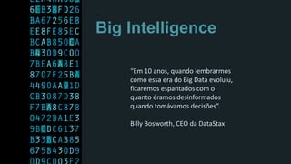 “Em 10 anos, quando lembrarmos
como essa era do Big Data evoluiu,
ficaremos espantados com o
quanto éramos desinformados
quando tomávamos decisões”.
Billy Bosworth, CEO da DataStax
Big Intelligence
 