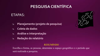 PESQUISA CIENTÍFICA
ETAPAS:
 Planejamento (projeto de pesquisa)
 Coleta de dados
 Análise e interpretação
 Redação do relatório
RESUMINDO
Escolha a forma, as pessoas, determine o espaço geográfico e o período que
será realizada a pesquisa.
 