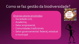 Diversos atores envolvidos:
- Sociedade civil,
- Academia,
- Setor empresarial,
- Comunidades tradicionais
- Setor governamental: federal, estadual
e municipal
 