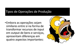 Tipos de Operações de Produção
•Embora as operações sejam
similares entre si na forma de
transformar recursos de input
em output de bens e serviços,
apresentam diferenças em
quatro aspectos importantes:
 