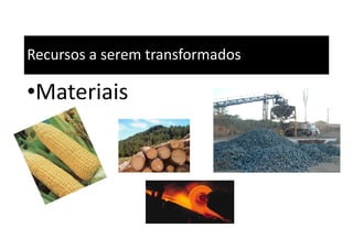 Recursos a serem transformados
•Materiais
 