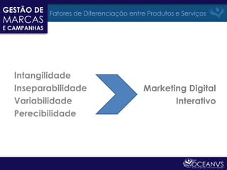 Fatores de Diferenciação entre Produtos e Serviços




Intangilidade
Inseparabilidade                     Marketing Digital
Variabilidade                               Interativo
Perecibilidade
 
