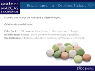 Posicionamento | Diretrizes Básicas


Escolha dos Pontos de Paridade e Diferenciação:

Critérios de atratividade:

Relevância: o PD deve ser importante e relevante para o Target;
Distintividade: o target deve achar o PD diferenciado e superior;
Credibilidade: O Público– alvo deve entender o PD crível e verossímil.
 