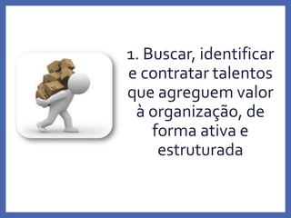 1. Buscar, identificar
e contratar talentos
que agreguem valor
à organização, de
forma ativa e
estruturada
Profa. Monica Bose
 