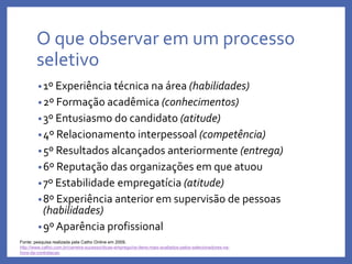 O que observar em um processo
seletivo
•1º Experiência técnica na área (habilidades)
•2º Formação acadêmica (conhecimentos)
•3º Entusiasmo do candidato (atitude)
•4º Relacionamento interpessoal (competência)
•5º Resultados alcançados anteriormente (entrega)
•6º Reputação das organizações em que atuou
•7º Estabilidade empregatícia (atitude)
•8º Experiência anterior em supervisão de pessoas
(habilidades)
•9º Aparência profissional
Profa. Monica Bose
Fonte: pesquisa realizada pela Catho Online em 2009.
http://www.catho.com.br/carreira-sucesso/dicas-emprego/os-itens-mais-avaliados-pelos-selecionadores-na-
hora-da-contratacao
 