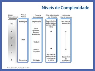 Baixo nível
de
autonomia
Autonomia e
Grau de Supervisão
Eixo de
Desenvolvimento
Estratégica
Tática
Operacional
Organização
Várias
Unidades,
Áreas ou
Programas
Unidade
Área ou
Programa
Atividades
Baixo nível de
padronização,
estruturação e
rotina
Alto nível de
padronização,
estruturação
e rotina
Nível de
Atuação
Escopo de
Responsabilidade
Nível de Estruturação
das Atividades
Alto nível de
autonomia
I
II
III
IV
V
VI
Baixo nível
de
autonomia
Fonte: Dutra, 2004; Hipolito e Dutra, 2012
Níveis de Complexidade
Profa. Monica Bose
 