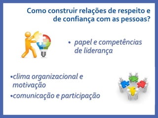 Como construir relações de respeito e
de confiança com as pessoas?
•clima organizacional e
motivação
•comunicação e participação
• papel e competências
de liderança
Profa. Monica Bose
 