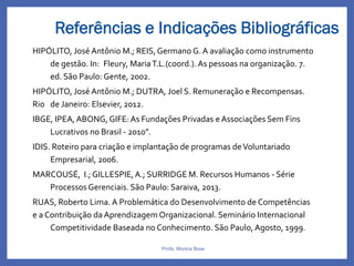 Profa. Monica Bose
HIPÓLITO, José Antônio M.; REIS,Germano G. A avaliação como instrumento
de gestão. In: Fleury, MariaT.L.(coord.). As pessoas na organização. 7.
ed. São Paulo: Gente, 2002.
HIPÓLITO, José Antônio M.; DUTRA, Joel S. Remuneração e Recompensas.
Rio de Janeiro: Elsevier, 2012.
IBGE, IPEA,ABONG, GIFE:As Fundações Privadas e Associações Sem Fins
Lucrativos no Brasil - 2010”.
IDIS. Roteiro para criação e implantação de programas deVoluntariado
Empresarial, 2006.
MARCOUSÉ, I.; GILLESPIE,A.; SURRIDGE M. Recursos Humanos - Série
Processos Gerenciais. São Paulo: Saraiva, 2013.
RUAS, Roberto Lima. A Problemática do Desenvolvimento de Competências
e a Contribuição da Aprendizagem Organizacional. Seminário Internacional
Competitividade Baseada no Conhecimento. São Paulo, Agosto, 1999.
Referências e Indicações Bibliográficas
 
