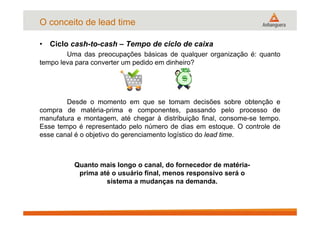 • Ciclo cash-to-cash – Tempo de ciclo de caixa
Uma das preocupações básicas de qualquer organização é: quanto
tempo leva para converter um pedido em dinheiro?
Desde o momento em que se tomam decisões sobre obtenção e
compra de matéria-prima e componentes, passando pelo processo de
manufatura e montagem, até chegar à distribuição final, consome-se tempo.
Esse tempo é representado pelo número de dias em estoque. O controle de
esse canal é o objetivo do gerenciamento logístico do lead time.
O conceito de lead time
Quanto mais longo o canal, do fornecedor de matéria-
prima até o usuário final, menos responsivo será o
sistema a mudanças na demanda.
 