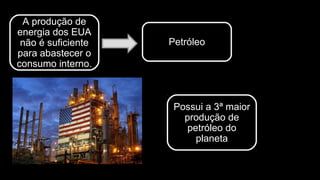 A produção de
energia dos EUA
não é suficiente
para abastecer o
consumo interno.
Petróleo
Possui a 3ª maior
produção de
petróleo do
planeta
 