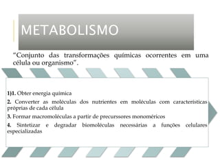 METABOLISMO
“Conjunto das transformações químicas ocorrentes em uma
célula ou organismo”.
1)1. Obter energia química
2. Converter as moléculas dos nutrientes em moléculas com características
próprias de cada célula
3. Formar macromoléculas a partir de precurssores monoméricos
4. Sintetizar e degradar biomoléculas necessárias a funções celulares
especializadas
 
