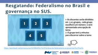 Resgatando: Federalismo no Brasil e
governança no SUS.
https://wordwall.net/pt/resource/32396405/c%c3%b3pia-de-federalismo-e-governan%c3%a7a
1- Os discentes serão divididos
em 3 a 5 grupos, cada grupo
escolherá um número e será
apresentado uma opção de
tema.
2- O grupo terá 3 minutos
para discorrer sobre o tema
 