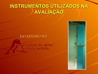 INSTRUMENTOS UTILIZADOS NA AVALIAÇÃO ESTADIÔMETRO  Mede a altura do vértex e altura sentada. 