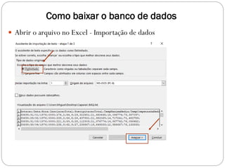 Como baixar o banco de dados
 Abrir o arquivo no Excel - Importação de dados
 