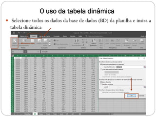 O uso da tabela dinâmica
 Selecione todos os dados da base de dados (BD) da planilha e insira a
tabela dinâmica
 