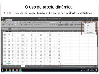 O uso da tabela dinâmica
 Utilize-se das ferramentas do software para os cálculos estatísticos
 