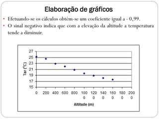 Elaboração de gráficos
• Efetuando-se os cálculos obtém-se um coeficiente igual a - 0,99.
• O sinal negativo indica que com a elevação da altitude a temperatura
tende a diminuir.
 