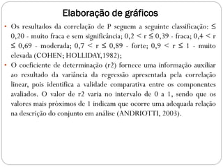 Elaboração de gráficos
• Os resultados da correlação de P seguem a seguinte classificação: ≤
0,20 - muito fraca e sem significância; 0,2 < r ≤ 0,39 - fraca; 0,4 < r
≤ 0,69 - moderada; 0,7 < r ≤ 0,89 - forte; 0,9 < r ≤ 1 - muito
elevada (COHEN; HOLLIDAY,1982);
• O coeficiente de determinação (r2) fornece uma informação auxiliar
ao resultado da variância da regressão apresentada pela correlação
linear, pois identifica a validade comparativa entre os componentes
avaliados. O valor de r2 varia no intervalo de 0 a 1, sendo que os
valores mais próximos de 1 indicam que ocorre uma adequada relação
na descrição do conjunto em análise (ANDRIOTTI, 2003).
 