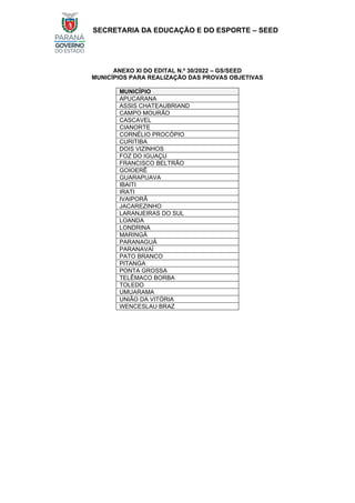 SECRETARIA DA EDUCAÇÃO E DO ESPORTE – SEED
ANEXO XI DO EDITAL N.º 30/2022 – GS/SEED
MUNICÍPIOS PARA REALIZAÇÃO DAS PROVAS OBJETIVAS
MUNICÍPIO
APUCARANA
ASSIS CHATEAUBRIAND
CAMPO MOURÃO
CASCAVEL
CIANORTE
CORNÉLIO PROCÓPIO
CURITIBA
DOIS VIZINHOS
FOZ DO IGUAÇU
FRANCISCO BELTRÃO
GOIOERÊ
GUARAPUAVA
IBAITI
IRATI
IVAIPORÃ
JACAREZINHO
LARANJEIRAS DO SUL
LOANDA
LONDRINA
MARINGÁ
PARANAGUÁ
PARANAVAÍ
PATO BRANCO
PITANGA
PONTA GROSSA
TELÊMACO BORBA
TOLEDO
UMUARAMA
UNIÃO DA VITÓRIA
WENCESLAU BRAZ
 