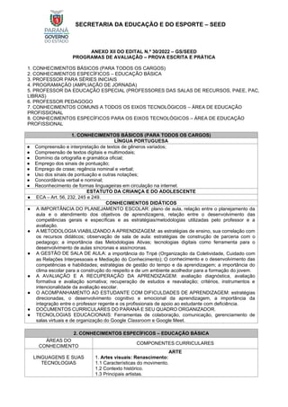 SECRETARIA DA EDUCAÇÃO E DO ESPORTE – SEED
ANEXO XII DO EDITAL N.º 30/2022 – GS/SEED
PROGRAMAS DE AVALIAÇÃO – PROVA ESCRITA E PRÁTICA
1. CONHECIMENTOS BÁSICOS (PARA TODOS OS CARGOS)
2. CONHECIMENTOS ESPECÍFICOS – EDUCAÇÃO BÁSICA
3. PROFESSOR PARA SÉRIES INICIAIS
4. PROGRAMAÇÃO (AMPLIAÇÃO DE JORNADA)
5. PROFESSOR DA EDUCAÇÃO ESPECIAL (PROFESSORES DAS SALAS DE RECURSOS, PAEE, PAC,
LIBRAS)
6. PROFESSOR PEDAGOGO
7. CONHECIMENTOS COMUNS A TODOS OS EIXOS TECNOLÓGICOS – ÁREA DE EDUCAÇÃO
PROFISSIONAL
8. CONHECIMENTOS ESPECÍFICOS PARA OS EIXOS TECNOLÓGICOS – ÁREA DE EDUCAÇÃO
PROFISSIONAL
1. CONHECIMENTOS BÁSICOS (PARA TODOS OS CARGOS)
LÍNGUA PORTUGUESA
● Compreensão e interpretação de textos de gêneros variados;
● Compreensão de textos digitais e multimodais;
● Domínio da ortografia e gramática oficial;
● Emprego dos sinais de pontuação;
● Emprego de crase; regência nominal e verbal;
● Uso dos sinais de pontuação e outras notações;
● Concordância verbal e nominal;
● Reconhecimento de formas linguageiras em circulação na internet.
ESTATUTO DA CRIANÇA E DO ADOLESCENTE
● ECA – Art. 56, 232, 245 e 249.
CONHECIMENTOS DIDÁTICOS
● A IMPORTÂNCIA DO PLANEJAMENTO ESCOLAR: plano de aula, relação entre o planejamento da
aula e o atendimento dos objetivos de aprendizagens, relação entre o desenvolvimento das
competências gerais e específicas e as estratégias/metodologias utilizadas pelo professor e a
avaliação.
● A METODOLOGIA VIABILIZANDO A APRENDIZAGEM: as estratégias de ensino, sua correlação com
os recursos didáticos; observação de sala de aula: estratégias de construção de parceria com o
pedagogo; a importância das Metodologias Ativas; tecnologias digitais como ferramenta para o
desenvolvimento de aulas síncronas e assíncronas.
● A GESTÃO DE SALA DE AULA: a importância do Tripé (Organização da Coletividade, Cuidado com
as Relações Interpessoais e Mediação do Conhecimento); O conhecimento e o desenvolvimento das
competências e habilidades; estratégias de gestão do tempo e da aprendizagem; a importância do
clima escolar para a construção do respeito e de um ambiente acolhedor para a formação do jovem.
● A AVALIAÇÃO E A RECUPERAÇÃO DA APRENDIZAGEM: avaliação diagnóstica, avaliação
formativa e avaliação somativa; recuperação de estudos e reavaliação; critérios, instrumentos e
intencionalidade da avaliação escolar.
● O ACOMPANHAMENTO AO ESTUDANTE COM DIFICULDADES DE APRENDIZAGEM: estratégias
direcionadas, o desenvolvimento cognitivo e emocional da aprendizagem, a importância da
integração entre o professor regente e os profissionais de apoio ao estudante com deficiência.
● DOCUMENTOS CURRICULARES DO PARANÁ E SEU QUADRO ORGANIZADOR.
● TECNOLOGIAS EDUCACIONAIS: Ferramentas de colaboração, comunicação, gerenciamento de
salas virtuais e de organização do Google Classroom e Google Meet.
2. CONHECIMENTOS ESPECÍFICOS – EDUCAÇÃO BÁSICA
ÁREAS DO
CONHECIMENTO
COMPONENTES CURRICULARES
LINGUAGENS E SUAS
TECNOLOGIAS
ARTE
1. Artes visuais: Renascimento:
1.1 Características do movimento.
1.2 Contexto histórico.
1.3 Principais artistas.
 
