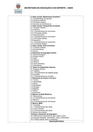 SECRETARIA DA EDUCAÇÃO E DO ESPORTE – SEED
2. Artes visuais: Modernismo brasileiro:
2.1 Características do período.
2.2 Contexto histórico.
2.3 Principais artistas.
2.4 Semana de Arte Moderna.
3. Artes visuais: Vanguardas europeias:
3.1 Contexto histórico.
3.2 Cubismo.
3.2.1 Características do movimento.
3.2.2 Principais artistas.
3.3 Expressionismo.
3.3.1 Características do movimento.
3.3.2 Principais artistas.
3.4 Dadaísmo.
3.4.1 Características do movimento.
3.4.2 Principais artistas.
4. Artes visuais: Arte conceitual:
4.1 Contexto histórico.
4.2 Características.
4.3 Fluxus.
5. Elementos da linguagem teatral;
5.1 Ator/personagem.
5.2 Espaço cênico.
5.3 Ação.
5.4 Figurino.
5.5 Cenário.
5.6 Texto dramático.
5.7 Sonoplastia.
6. Teatro na antiguidade clássica:
6.1 Espaços cênicos.
6.2 Tragédia.
6.2.1 Características da tragédia grega.
6.3 Comédia.
6.3.1 Características da comédia.
7. Elementos da música e do som:
7.1 Timbre.
7.2 Intensidade.
7.3 Altura.
7.4 Densidade.
7.5 Duração.
7.6 Melodia.
7.7 Ritmo.
7.8 Harmonia.
8. Música na Idade Moderna:
8.1 Renascença.
8.1.2 Características do movimento.
8.2 Barroco.
8.2.2 Características do movimento.
9. Música: MPB:
9.1 Tropicália.
9.1.1 Características das obras
9.2 Jovem Guarda.
9.2.1 Características das obras
9.3 Música de protesto.
10 Dança: elementos da linguagem:
10.1 Movimento corporal (fluxo, giro, saltos e eixo).
10.2 Espaço (direções, dimensões, níveis e extensões).
10.3 Tempo (rápido, lento e moderado).
EDUCAÇÃO FÍSICA
 