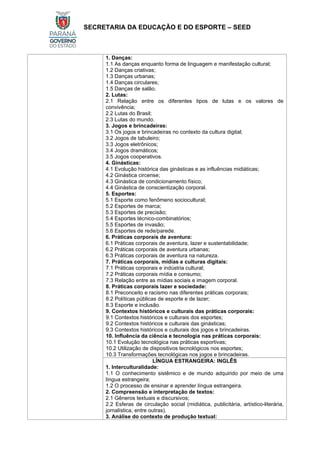 SECRETARIA DA EDUCAÇÃO E DO ESPORTE – SEED
1. Danças:
1.1 As danças enquanto forma de linguagem e manifestação cultural;
1.2 Danças criativas;
1.3 Danças urbanas;
1.4 Danças circulares;
1.5 Danças de salão.
2. Lutas:
2.1 Relação entre os diferentes tipos de lutas e os valores de
convivência;
2.2 Lutas do Brasil;
2.3 Lutas do mundo.
3. Jogos e brincadeiras:
3.1 Os jogos e brincadeiras no contexto da cultura digital;
3.2 Jogos de tabuleiro;
3.3 Jogos eletrônicos;
3.4 Jogos dramáticos;
3.5 Jogos cooperativos.
4. Ginásticas:
4.1 Evolução histórica das ginásticas e as influências midiáticas;
4.2 Ginástica circense;
4.3 Ginástica de condicionamento físico;
4.4 Ginástica de conscientização corporal.
5. Esportes:
5.1 Esporte como fenômeno sociocultural;
5.2 Esportes de marca;
5.3 Esportes de precisão;
5.4 Esportes técnico-combinatórios;
5.5 Esportes de invasão;
5.6 Esportes de rede/parede.
6. Práticas corporais de aventura:
6.1 Práticas corporais de aventura, lazer e sustentabilidade;
6.2 Práticas corporais de aventura urbanas;
6.3 Práticas corporais de aventura na natureza.
7. Práticas corporais, mídias e culturas digitais:
7.1 Práticas corporais e indústria cultural;
7.2 Práticas corporais mídia e consumo;
7.3 Relação entre as mídias sociais e imagem corporal.
8. Práticas corporais lazer e sociedade:
8.1 Preconceito e racismo nas diferentes práticas corporais;
8.2 Políticas públicas de esporte e de lazer;
8.3 Esporte e inclusão.
9. Contextos históricos e culturais das práticas corporais:
9.1 Contextos históricos e culturais dos esportes;
9.2 Contextos históricos e culturais das ginásticas;
9.3 Contextos históricos e culturais dos jogos e brincadeiras.
10. Influência da ciência e tecnologia nas práticas corporais:
10.1 Evolução tecnológica nas práticas esportivas;
10.2 Utilização de dispositivos tecnológicos nos esportes;
10.3 Transformações tecnológicas nos jogos e brincadeiras.
LÍNGUA ESTRANGEIRA: INGLÊS
1. Interculturalidade:
1.1 O conhecimento sistêmico e de mundo adquirido por meio de uma
língua estrangeira;
1.2 O processo de ensinar e aprender língua estrangeira.
2. Compreensão e interpretação de textos:
2.1 Gêneros textuais e discursivos;
2.2 Esferas de circulação social (midiática, publicitária, artístico-literária,
jornalística, entre outras).
3. Análise do contexto de produção textual:
 