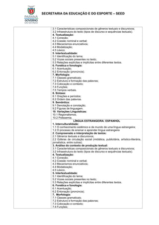 SECRETARIA DA EDUCAÇÃO E DO ESPORTE – SEED
3.1 Características composicionais de gêneros textuais e discursivos;
3.2 Infraestrutura do texto (tipos de discurso e sequências textuais).
4. Textualização:
4.1 Conexão;
4.2 Coesão nominal e verbal;
4.3 Mecanismos enunciativos;
4.4 Modalização;
4.5 Léxico.
5. Intertextualidade:
5.1 Identificação do tema;
5.2 Vozes sociais presentes no texto;
5.3 Relações explícitas e implícitas entre diferentes textos.
6. Fonética e fonologia:
6.1 Acentuação;
6.2 Entonação (pronúncia).
7. Morfologia:
7.1 Classes gramaticais;
7.2 Estrutura e formação das palavras;
7.3 Colocação e contexto;
7.4 Funções;
7.5 Tempos verbais.
8. Sintaxe:
8.1 Orações e períodos;
8.2 Ordem das palavras.
9. Semântica:
9.1 Denotação e conotação;
9.2 Figuras de linguagem.
10. Variações Linguísticas:
10.1 Regionalismos;
10.2 Polissemia.
LÍNGUA ESTRANGEIRA: ESPANHOL
1. Interculturalidade:
1.1 O conhecimento sistêmico e de mundo de uma língua estrangeira;
1.2 O processo de ensinar e aprender língua estrangeira
2. Compreensão e interpretação de textos:
2.1 Gêneros textuais e discursivos;
2.2 Esferas de circulação social (midiática, publicitária, artístico-literária,
jornalística, entre outras).
3. Análise do contexto de produção textual:
3.1 Características composicionais de gêneros textuais e discursivos;
3.2 Infraestrutura do texto (tipos de discurso e sequências textuais).
4. Textualização:
4.1 Conexão;
4.2 Coesão nominal e verbal;
4.3 Mecanismos enunciativos;
4.4 Modalização;
4.5 Léxico.
5. Intertextualidade:
5.1 Identificação do tema;
5.2 Vozes sociais presentes no texto;
5.3 Relações explícitas e implícitas entre diferentes textos.
6. Fonética e fonologia:
6.1 Acentuação;
6.2 Entonação (pronúncia).
7. Morfologia:
7.1 Classes gramaticais;
7.2 Estrutura e formação das palavras;
7.3 Colocação e contexto;
7.4 Funções;
 
