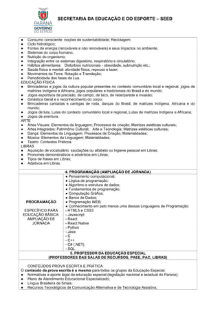 SECRETARIA DA EDUCAÇÃO E DO ESPORTE – SEED
● Consumo consciente: noções de sustentabilidade; Reciclagem;
● Ciclo hidrológico;
● Fontes de energia (renováveis e não renováveis) e seus impactos no ambiente;
● Sistemas do corpo humano;
● Nutrição do organismo;
● Integração entre os sistemas digestório, respiratório e circulatório;
● Hábitos alimentares: Distúrbios nutricionais - obesidade, subnutrição etc.;
● Saúde física e mental: atividade física, repouso e lazer;
● Movimentos da Terra: Rotação e Translação;
● Periodicidade das fases da Lua.
EDUCAÇÃO FÍSICA
● Brincadeiras e jogos da cultura popular presentes no contexto comunitário local e regional, jogos de
matrizes Indígena e Africana, jogos populares e tradicionais do Brasil e do mundo;
● Jogos esportivos de precisão, de campo, de taco, de rede/parede e invasão;
● Ginástica Geral e o reconhecimento do corpo;
● Brincadeiras cantadas e cantigas de roda, danças do Brasil, de matrizes Indígena, Africana e do
mundo;
● Jogos de luta, Lutas do contexto comunitário local e regional, Lutas de matrizes Indígena e Africana;
● Jogos de aventura.
ARTE
● Artes Visuais: Elementos da linguagem; Processos de criação; Matrizes estéticas culturais;
● Artes Integradas: Patrimônio Cultural; Arte e Tecnologia; Matrizes estéticas culturais;
● Dança: Elementos da Linguagem; Processos de Criação; Materialidades;
● Música: Elementos da Linguagem; Materialidades;
● Teatro: Contextos Práticos.
LIBRAS
● Aquisição de vocabulário: saudações ou alfabeto ou higiene pessoal em Libras;
● Pronomes demonstrativos e advérbios em Libras;
● Tipos de frases em Libras;
● Adjetivos em Libras.
4. PROGRAMAÇÃO (AMPLIAÇÃO DE JORNADA)
PROGRAMAÇÃO
ESPECÍFICO PARA
EDUCAÇÃO BÁSICA:
AMPLIAÇÃO DE
JORNADA
● Pensamento computacional;
● Lógica de programação;
● Algoritmo e estrutura de dados;
● Fundamentos de programação;
● Computação Gráfica;
● Banco de Dados;
● Programação WEB;
● Conhecimento em pelo menos uma dessas Linguagens de Programação:
- HTML5 e CSS3
- Javascript
- React
- React Native
- Python
- Java
- C
- C++
- C# (.NET)
- SQL
5. PROFESSOR DA EDUCAÇÃO ESPECIAL
(PROFESSORES DAS SALAS DE RECURSOS, PAEE, PAC, LIBRAS)
CONTEÚDOS PROVA ESCRITA E PRÁTICA
O conteúdo da prova escrita é o mesmo para todos os grupos da Educação Especial.
● Normativas e aporte legal da educação especial (legislação nacional e estadual do Paraná);
● Plano de Atendimento Educacional Especializado;
● Língua Brasileira de Sinais;
● Recursos Tecnológicos de Comunicação Alternativa e de Tecnologia Assistiva;
 