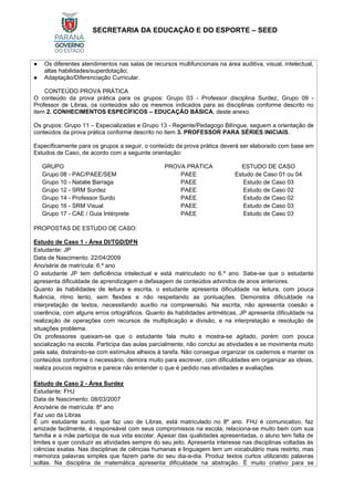 SECRETARIA DA EDUCAÇÃO E DO ESPORTE – SEED
● Os diferentes atendimentos nas salas de recursos multifuncionais na área auditiva, visual, intelectual,
altas habilidades/superdotação;
● Adaptação/Diferenciação Curricular.
CONTEÚDO PROVA PRÁTICA
O conteúdo da prova prática para os grupos: Grupo 03 - Professor disciplina Surdez, Grupo 09 -
Professor de Libras, os conteúdos são os mesmos indicados para as disciplinas conforme descrito no
item 2. CONHECIMENTOS ESPECÍFICOS – EDUCAÇÃO BÁSICA, deste anexo.
Os grupos: Grupo 11 – Especializadas e Grupo 13 - Regente/Pedagogo Bilíngue, seguem a orientação de
conteúdos da prova prática conforme descrito no item 3. PROFESSOR PARA SÉRIES INICIAIS.
Especificamente para os grupos a seguir, o conteúdo da prova prática deverá ser elaborado com base em
Estudos de Caso, de acordo com a seguinte orientação:
GRUPO PROVA PRÁTICA ESTUDO DE CASO
Grupo 08 - PAC/PAEE/SEM PAEE Estudo de Caso 01 ou 04
Grupo 10 - Natalie Barraga PAEE Estudo de Caso 03
Grupo 12 - SRM Surdez PAEE Estudo de Caso 02
Grupo 14 - Professor Surdo PAEE Estudo de Caso 02
Grupo 16 - SRM Visual PAEE Estudo de Caso 03
Grupo 17 - CAE / Guia Intérprete PAEE Estudo de Caso 03
PROPOSTAS DE ESTUDO DE CASO:
Estudo de Caso 1 - Área DI/TGD/DFN
Estudante: JP
Data de Nascimento: 22/04/2009
Ano/série de matrícula: 6.º ano
O estudante JP tem deficiência intelectual e está matriculado no 6.º ano. Sabe-se que o estudante
apresenta dificuldade de aprendizagem e defasagem de conteúdos advindos de anos anteriores.
Quanto às habilidades de leitura e escrita, o estudante apresenta dificuldade na leitura, com pouca
fluência, ritmo lento, sem flexões e não respeitando as pontuações. Demonstra dificuldade na
interpretação de textos, necessitando auxílio na compreensão. Na escrita, não apresenta coesão e
coerência, com alguns erros ortográficos. Quanto às habilidades aritméticas, JP apresenta dificuldade na
realização de operações com recursos de multiplicação e divisão, e na interpretação e resolução de
situações problema.
Os professores queixam-se que o estudante fala muito e mostra-se agitado, porém com pouca
socialização na escola. Participa das aulas parcialmente, não conclui as atividades e se movimenta muito
pela sala, distraindo-se com estímulos alheios à tarefa. Não consegue organizar os cadernos e manter os
conteúdos conforme o necessário, demora muito para escrever, com dificuldades em organizar as ideias,
realiza poucos registros e parece não entender o que é pedido nas atividades e avaliações.
Estudo de Caso 2 - Área Surdez
Estudante: FHJ
Data de Nascimento: 08/03/2007
Ano/série de matrícula: 8º ano
Faz uso da Libras
É um estudante surdo, que faz uso de Libras, está matriculado no 8º ano. FHJ é comunicativo, faz
amizade facilmente, é responsável com seus compromissos na escola, relaciona-se muito bem com sua
família e a mãe participa de sua vida escolar. Apesar das qualidades apresentadas, o aluno tem falta de
limites e quer conduzir as atividades sempre do seu jeito. Apresenta interesse nas disciplinas voltadas às
ciências exatas. Nas disciplinas de ciências humanas e linguagem tem um vocabulário mais restrito, mas
memoriza palavras simples que fazem parte do seu dia-a-dia. Produz textos curtos utilizando palavras
soltas. Na disciplina de matemática apresenta dificuldade na abstração. É muito criativo para se
 
